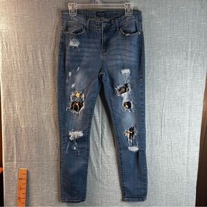 Judy Blue Leopard Patch distressedSkinny Jeans Distressed Mid Rise Denim Size 11